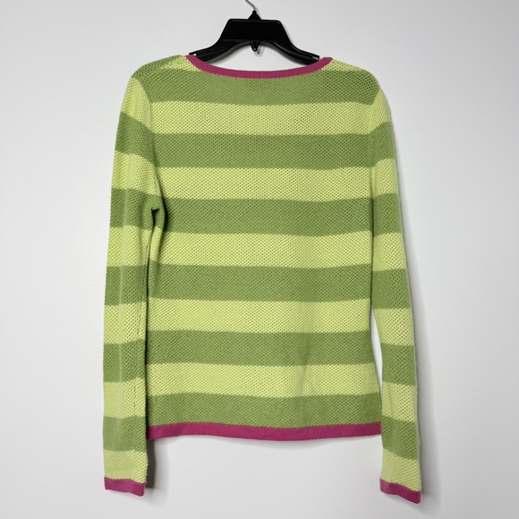 Talbots 100%Pure Cashmere Sweater Women's Sz M Green Striped Pink Trim Open Knit - Picture 2 of 14